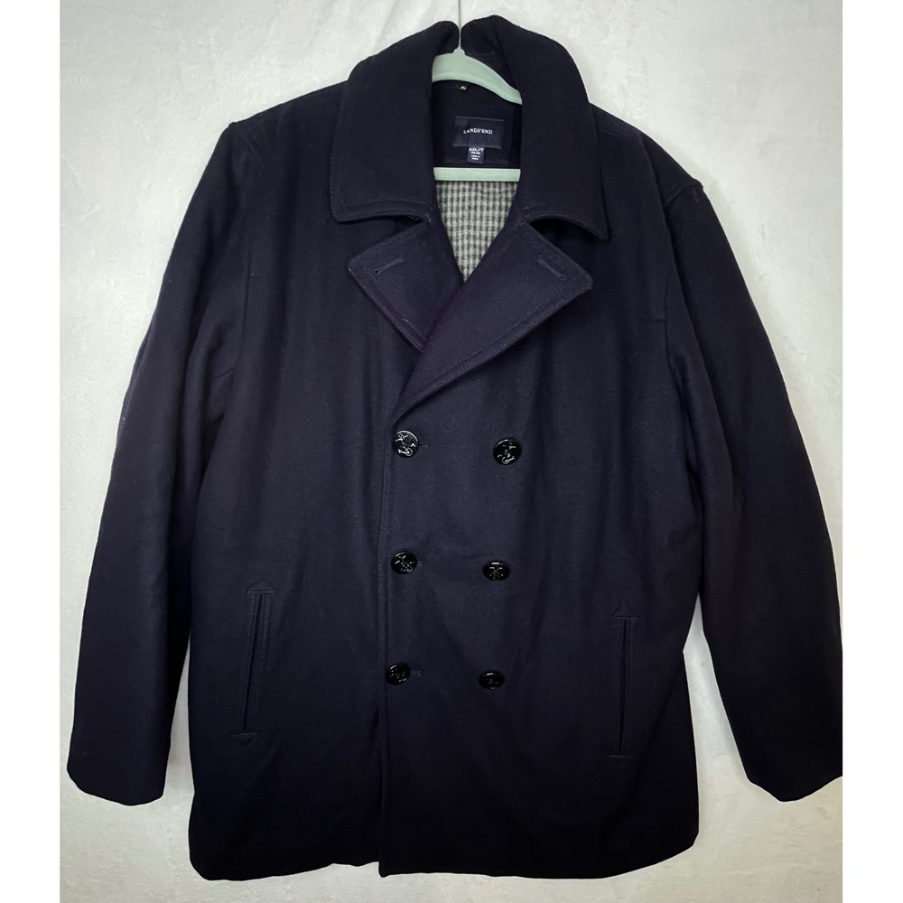 Lands End Mens XXL Tall Peacoat Navy Wool Blend Double Breasted Coat 50-52 - Picture 2 of 12
